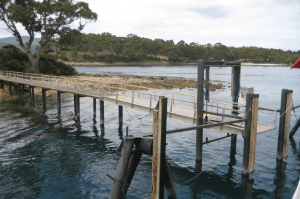 A timber and steel jetty extends over clear coastal waters toward a rocky shoreline surrounded by trees.